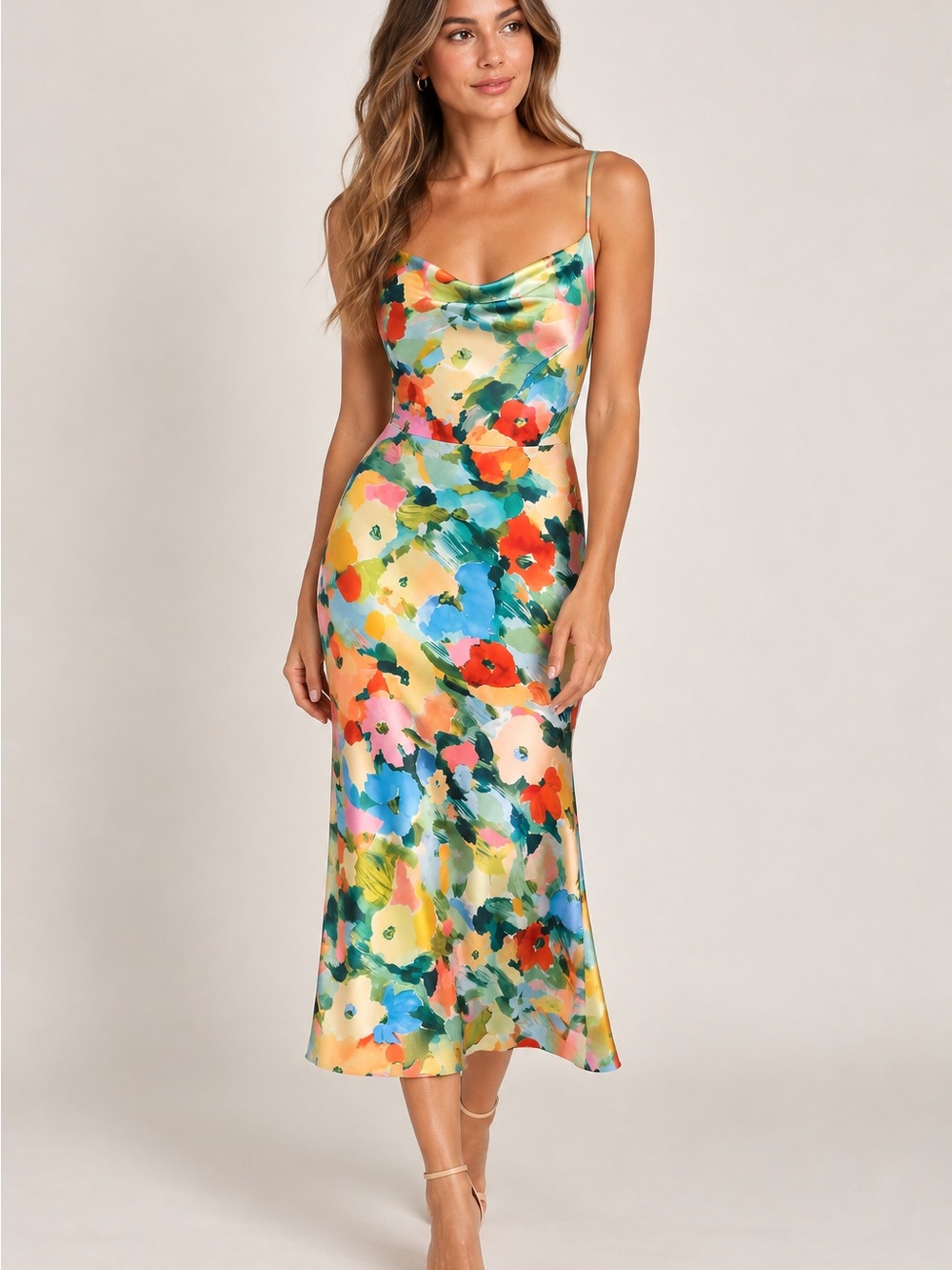 Lost + Wander Floral Satin Cowl Neck Criss Cross Back Midi Dress Size Small